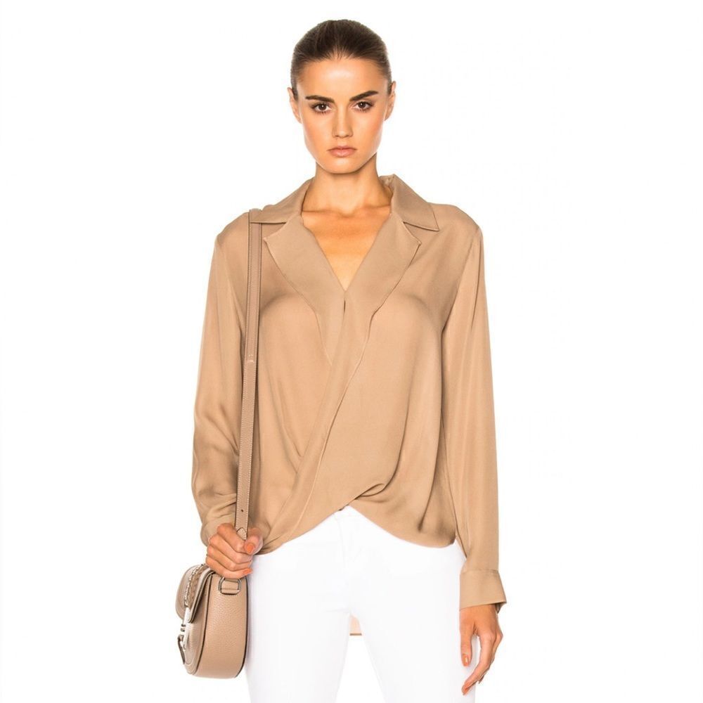 L’AGENCE Neutal Tan Chantarelle Silk Chiffon Longsleeve Faux Wrap Blouse Sz XS